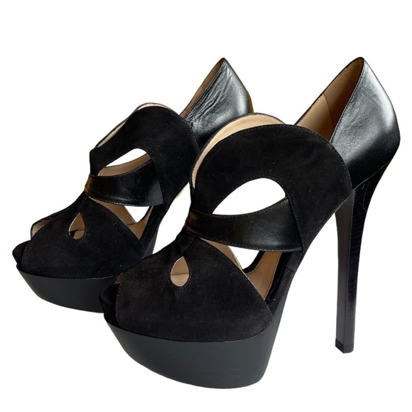 FENDI | SUEDE & LEATHER PLATFORM HEEL PEEP TOE SHOE SANDAL - NIB - Picture 12 of 13